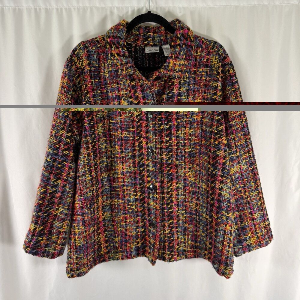 Chico's Jacket Women's 3 XL Rainbow Multicolor Stitch Button Front Cotton Blend